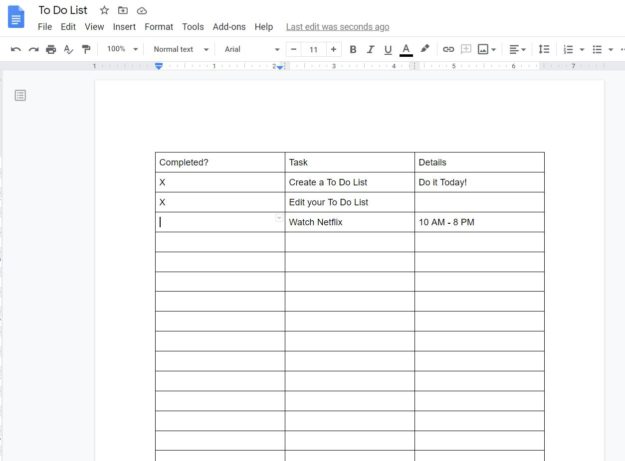 To do List Google Docs - Example