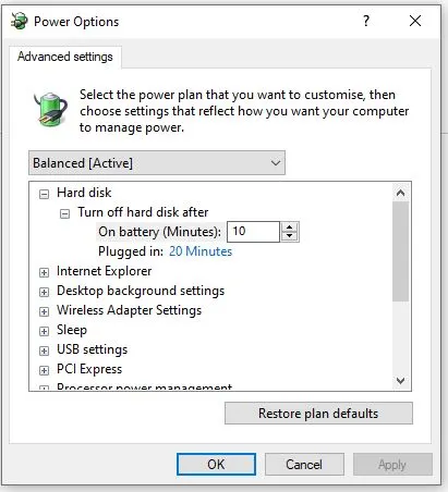 change advanced power settings