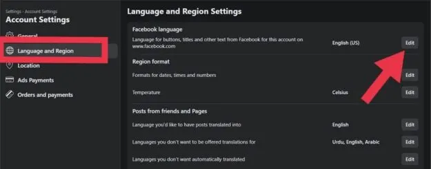 Facebook Language Settings